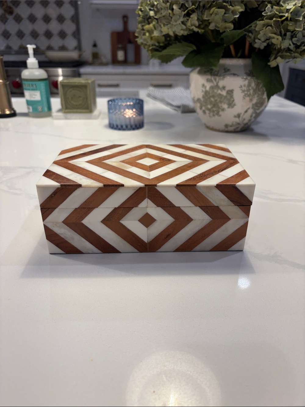 Geometric Inlay Decorative Storage Box - White and Brown